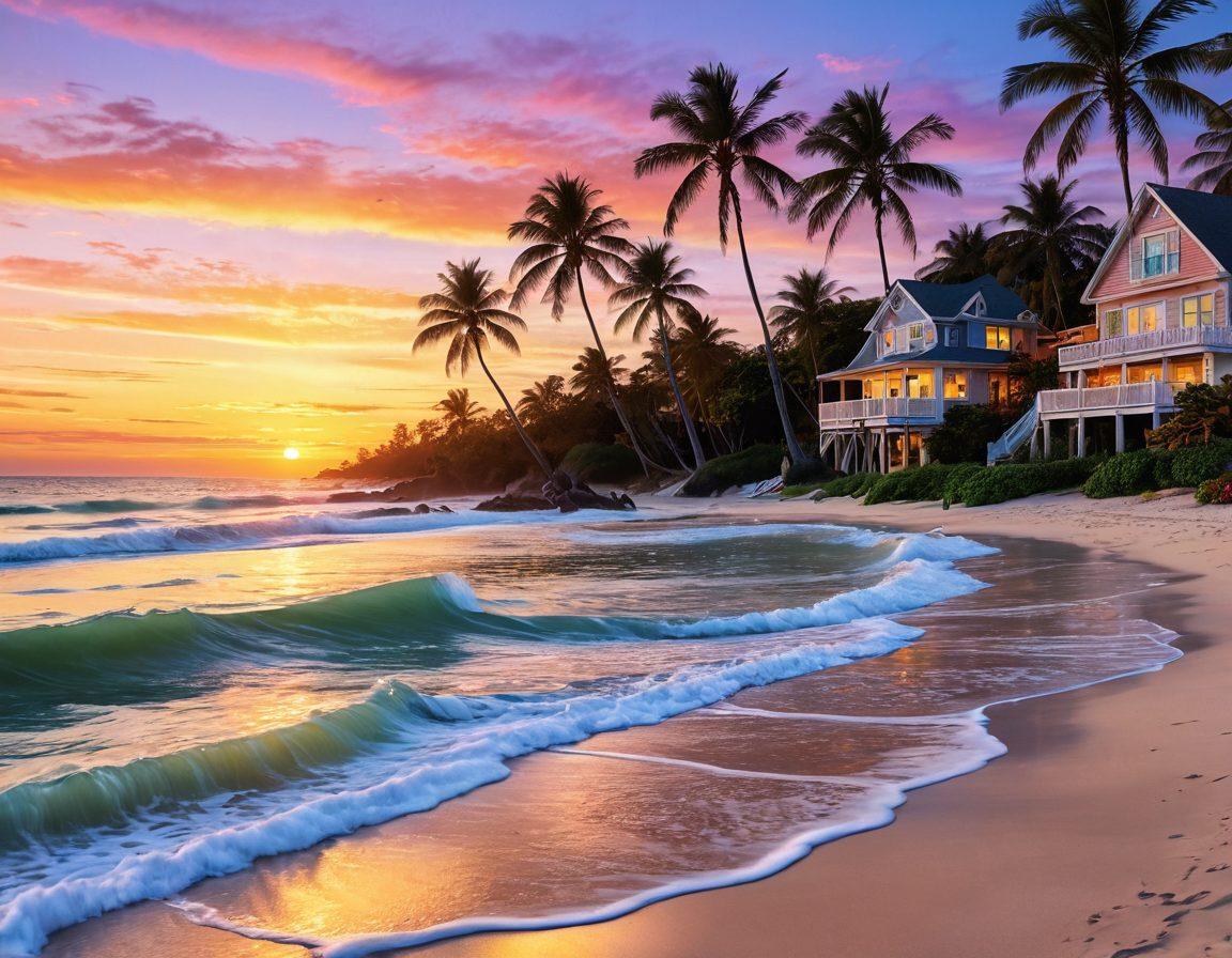 A breathtaking beach scene depicting gentle waves lapping at the shore under a pastel sunset. Include colorful tropical flora framing the image, with soft golden sand and distant palm trees swaying in a light breeze. Capture serene coastal towns in the background, with quaint cottages reflecting vibrant hues. Make it a lively and tranquil atmosphere. super-realistic. vibrant colors. 3D.