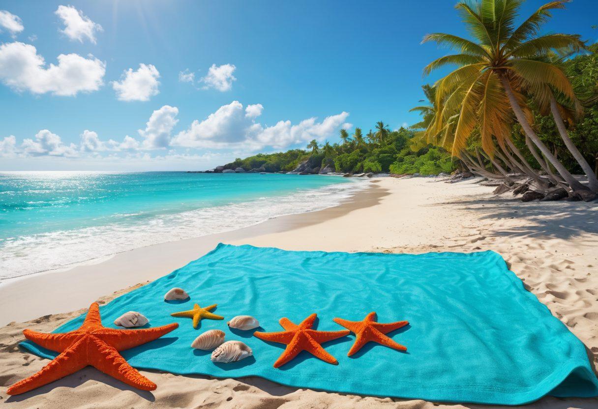 An enchanting coastal scene showcasing a pristine beach with gentle waves, vivid turquoise waters, and colorful coral reefs teeming with diverse marine life like fish, starfish, and sea turtles. In the foreground, a relaxed beachgoer soaking up the sun on a vibrant beach towel, surrounded by seashells and beach umbrellas. The sky is a clear blue with a few fluffy clouds, creating a tranquil ambiance. A distant view of a lush coastline with palm trees swaying in the breeze adds to the paradise feel. super-realistic. vibrant colors. 3D.