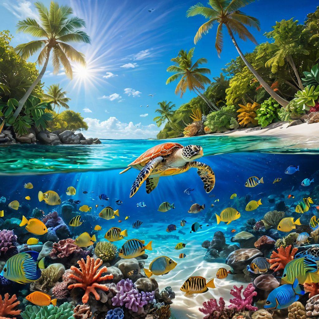 A breathtaking tropical shore scene, featuring vibrant coral reefs teeming with colorful fish and marine life. The crystal-clear blue waters gently lap against golden sands, while palm trees sway in the background under a bright sun. Include a playful sea turtle gliding through the water, showcasing the rich biodiversity of the ocean. The atmosphere should evoke joy and tranquility. super-realistic. vibrant colors. white background.